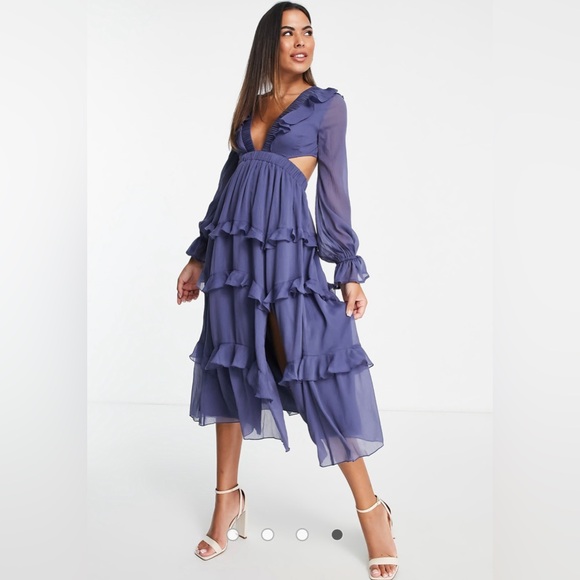 ☔️ASOS Designed Tiered Ruffle Midi Dress with Elastic Waist & Lace up Back - Picture 4 of 7